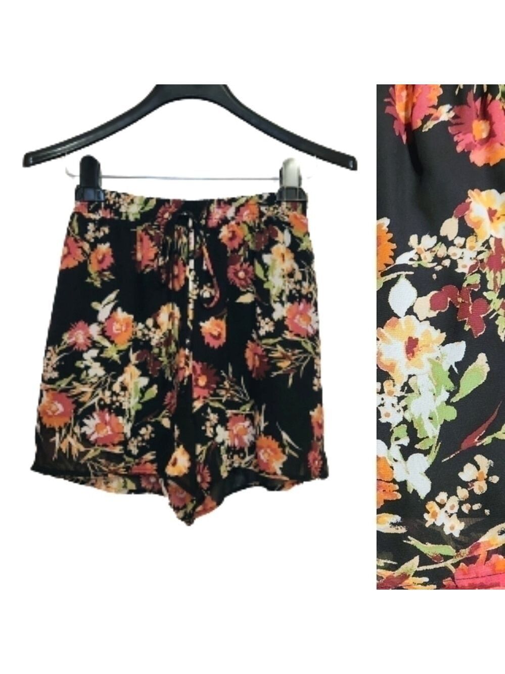 Dee Elly Black Pink Floral Chiffon Shorts Small